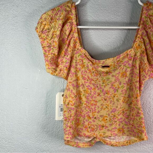 New! Billa Bong Peasant Croped Rushed Floral Print Orange Women’s Top Sz L - Picture 7 of 11